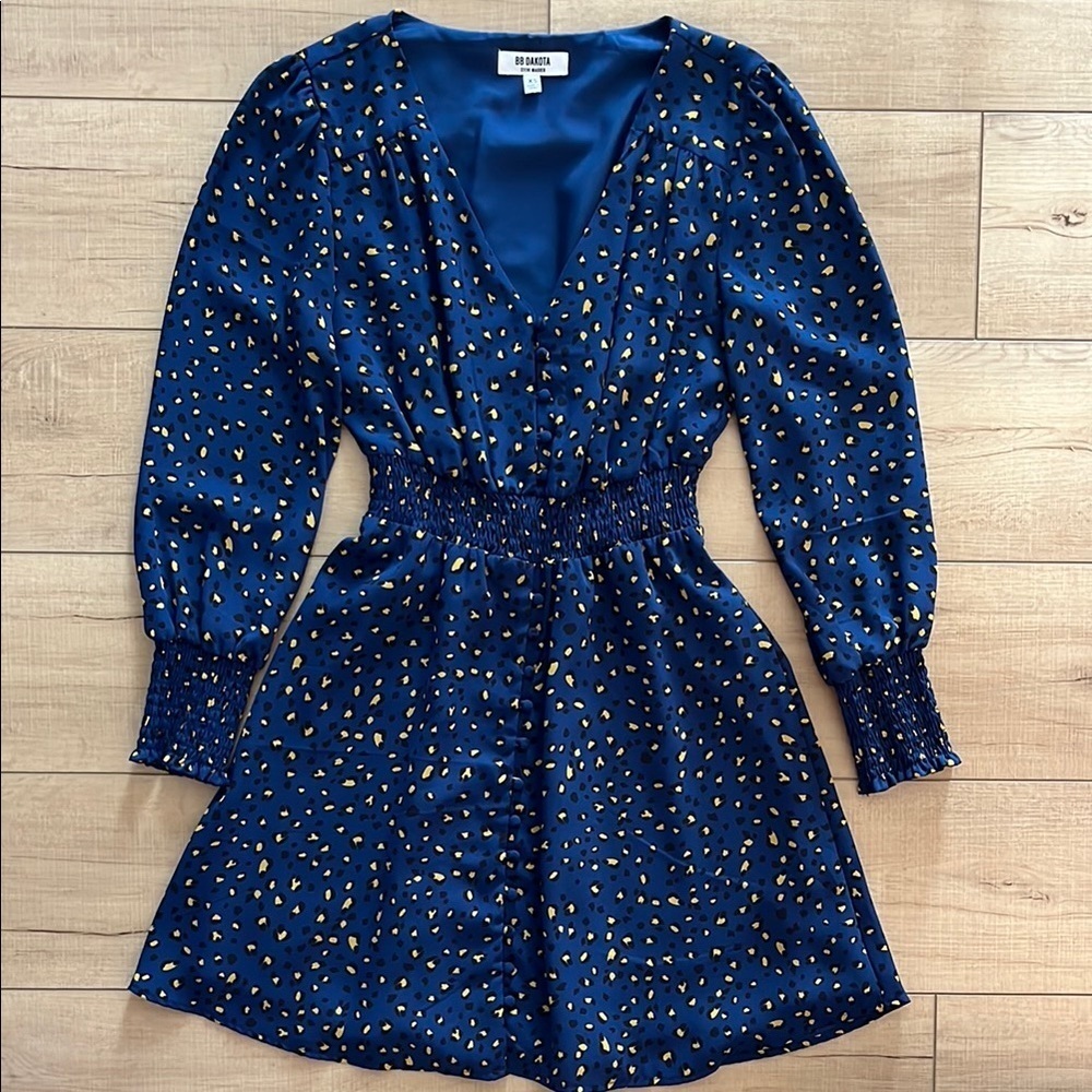 BB Dakota Blue and Gold Leopard Print Dress
